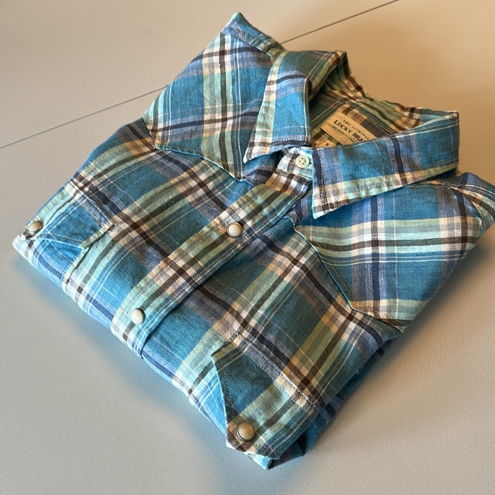 LUCKY BRAND Men’s Linen Western Plaid Short Sleeve Pearl Snap Shirt sz XL